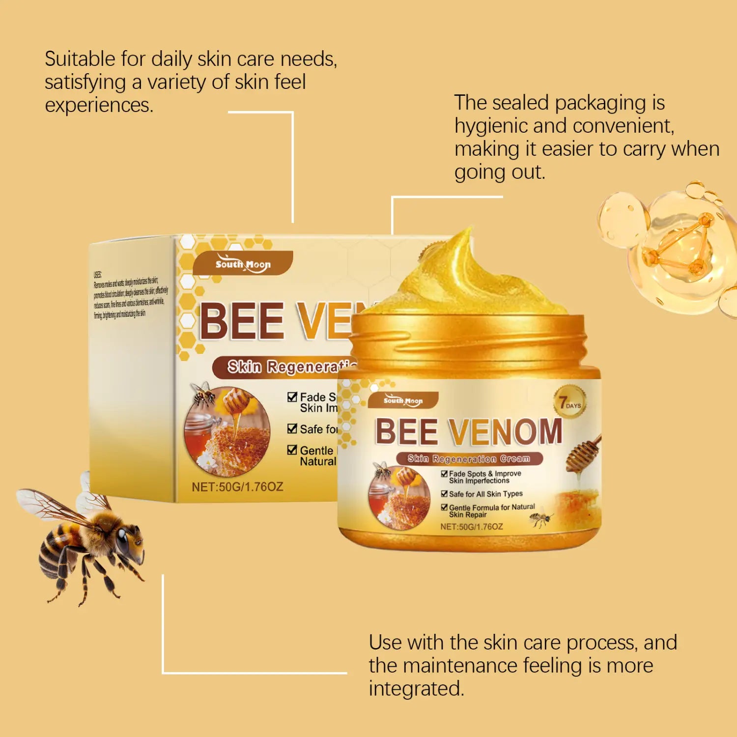 Gold-colored jar of Bee Venom skin regeneration cream with a golden lid and honeycomb design on the label for neck and face care.