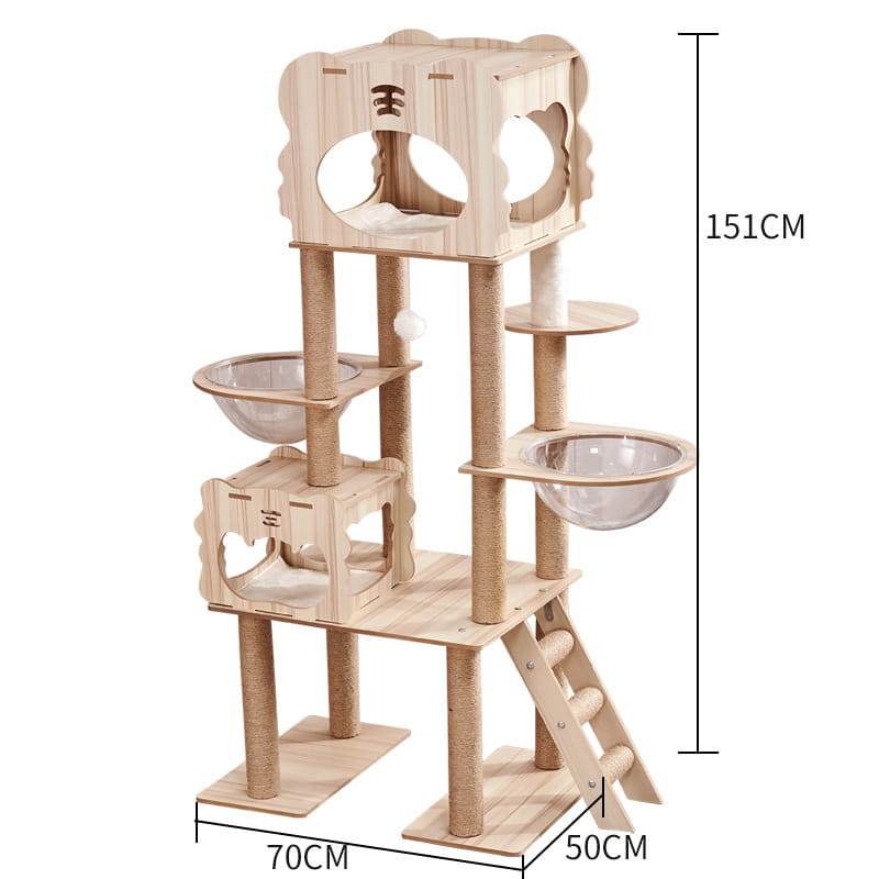 A light wood wooden cat tree scratching post and condo with a playful cartoonish face design and two clear glass bowls mounted at different levels.