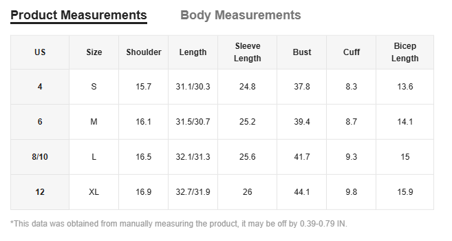 The image displays a product measurement table for the Lyxana gold sequin zigzag cinched waist blouse including shoulder width, length, sleeve length, bust, cuff, and bicep length for various sizes.