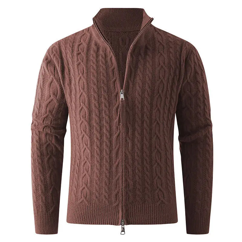 A rich brown thick half zip cable knit sweater for men with a ribbed collar and cuffs made from warm material.