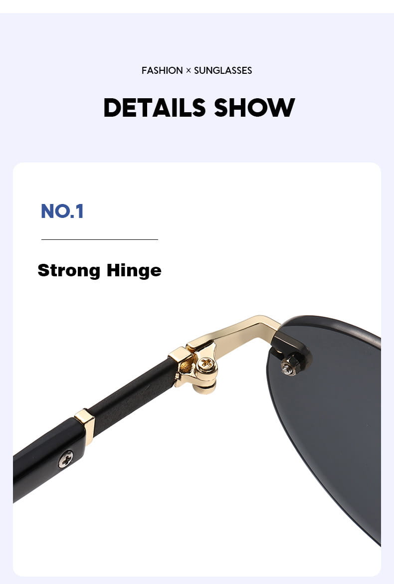 Black-framed frameless oval UV400 fashion sunglasses with gold-tone metal hinge and temple detail.