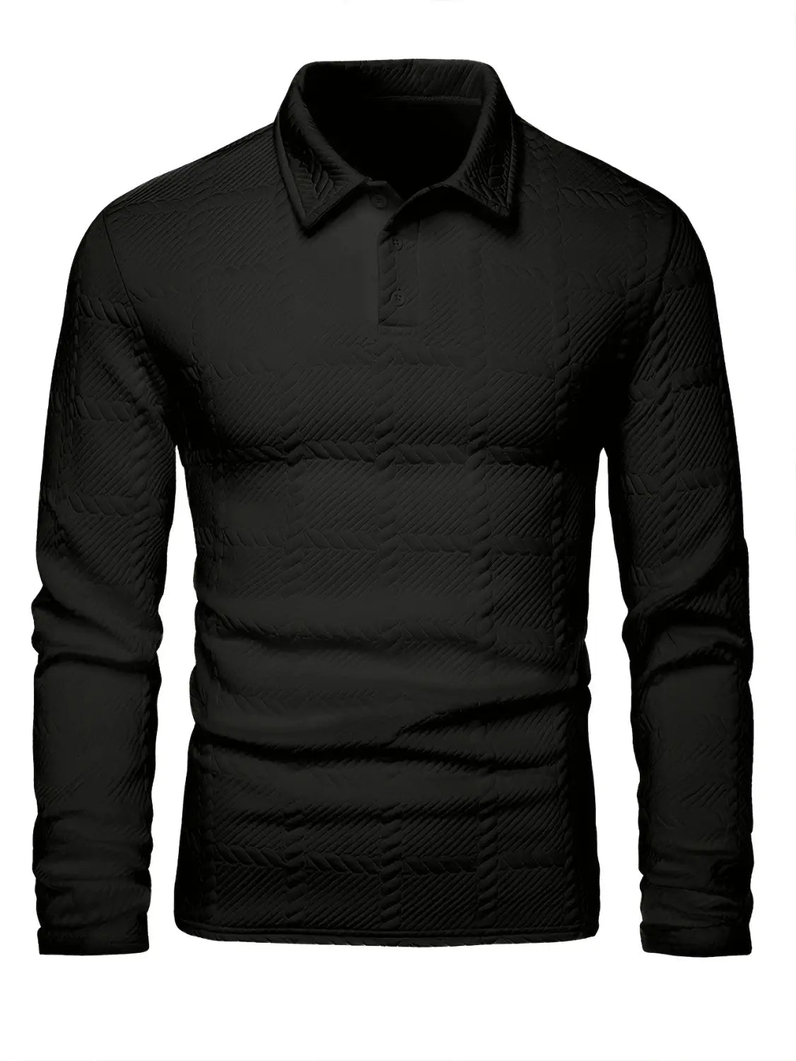 Camisa tipo polo de manga larga negra con un sutil patrón texturizado, confeccionada con una tela suave y transpirable adecuada para uso informal y semiformales.