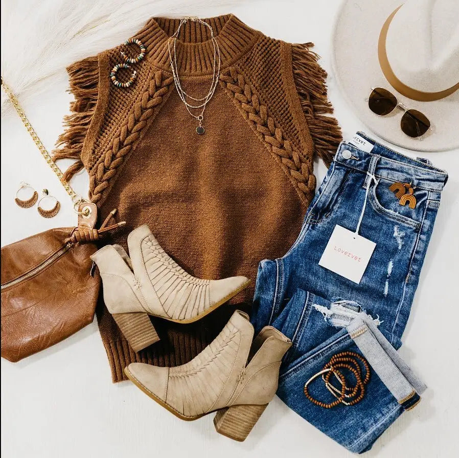 brown hand-woven fringed sleeveless knit sweater vest featuring braided detailing and a fringe knit design