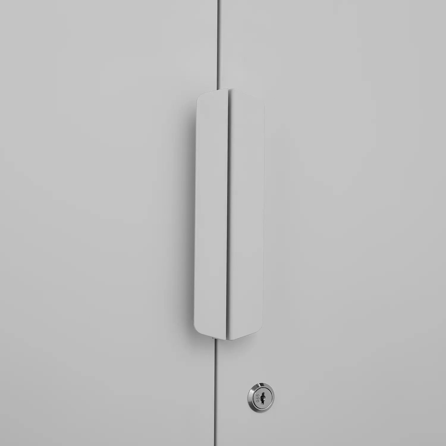 White rectangular steel file cabinet handle with a sleek minimalist design on a 70 inch 2 door lockable white storage cabinet.