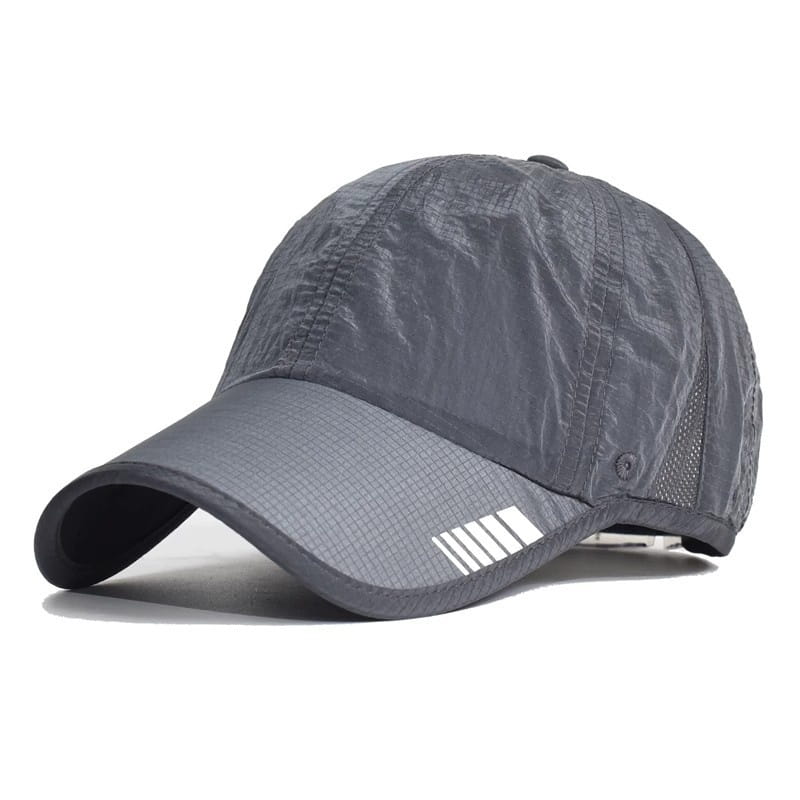 Dark gray quick-drying running hat made of lightweight fabric with a subtle textured pattern and white reflective stripes on the brim for sports sun protection.