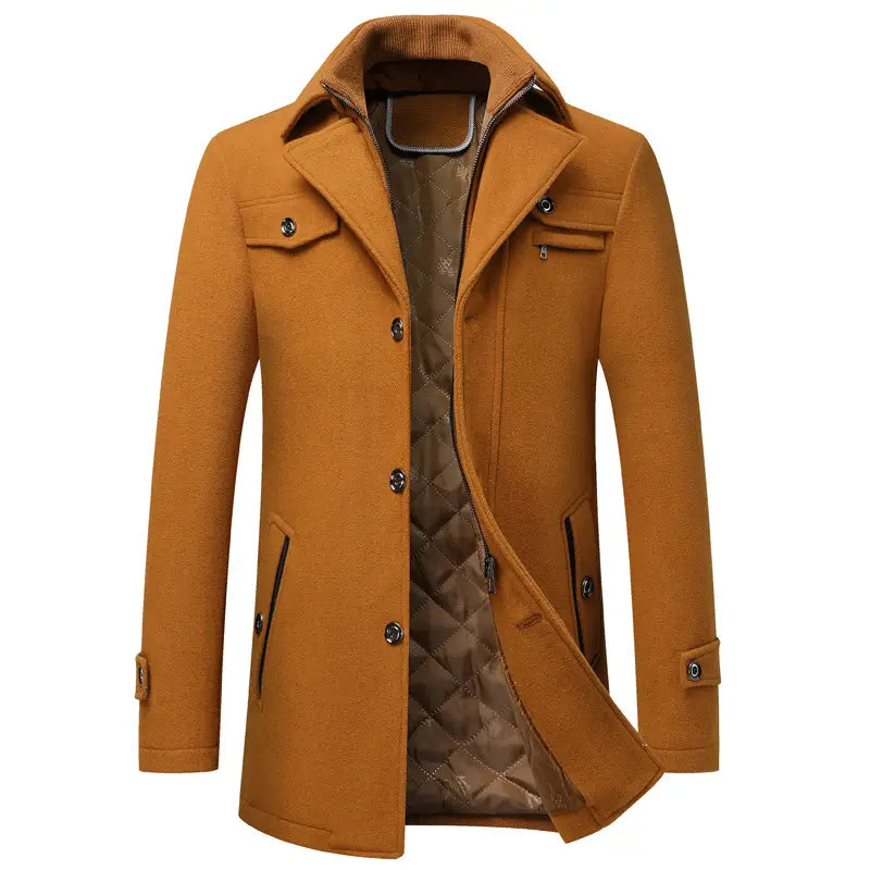 A men wool winter overcoat quilted jacket in mustard yellow with a warm woolen exterior, brown quilted lining, and dark metal buttons.