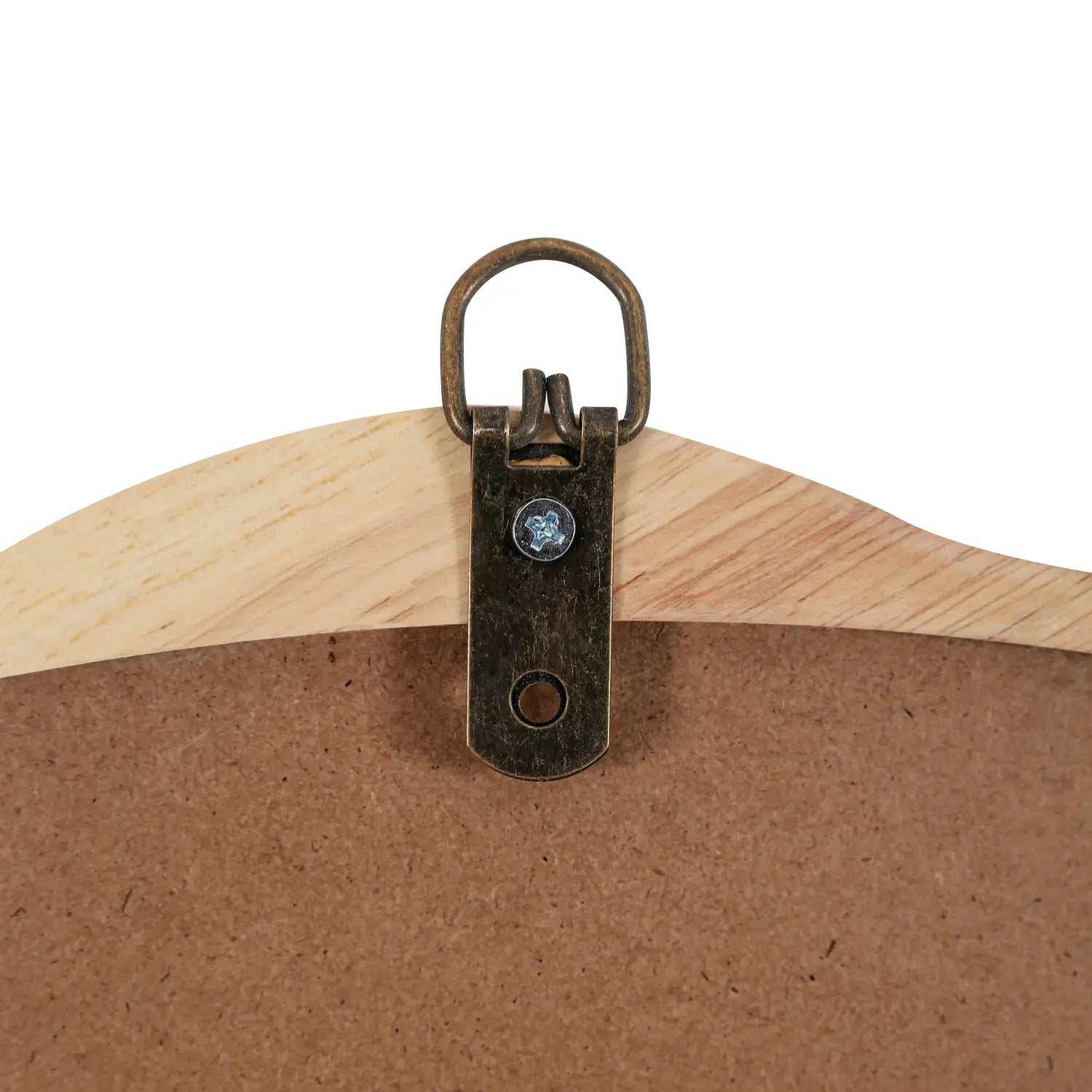 Antique brass hanging bracket attached to the back of a solid wood wavy mirror with a 31 inch scalloped round frame and light wood corkboard.