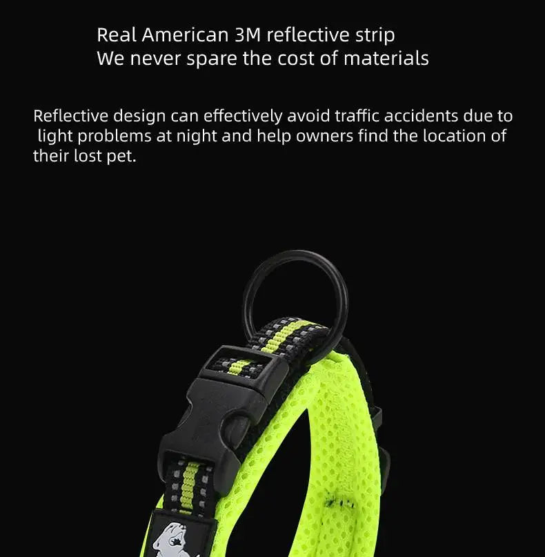 collar para perro de malla acolchada reflectante talla mediana en verde neón brillante, con hebilla negra y tira reflectante.