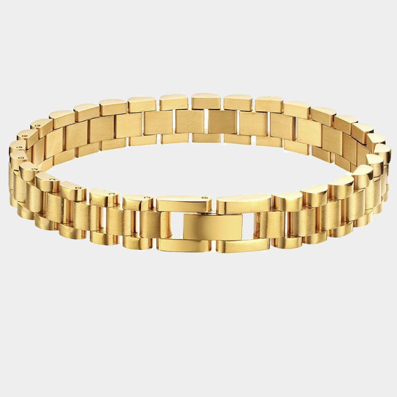 Elegant gold titanium link bracelet with pearl accents featuring a gold-toned stainless steel classic link design.