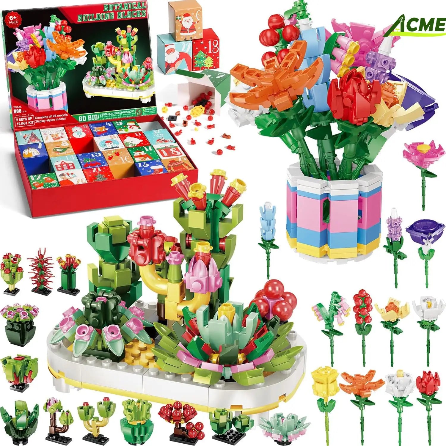 Des compositions de fleurs en plastique colorées, construites à partir de briques botaniques de marque ACME, mises en vedette dans le produit « briques de construction de calendrier de l’Avent en forme de bouquet de fleurs ».