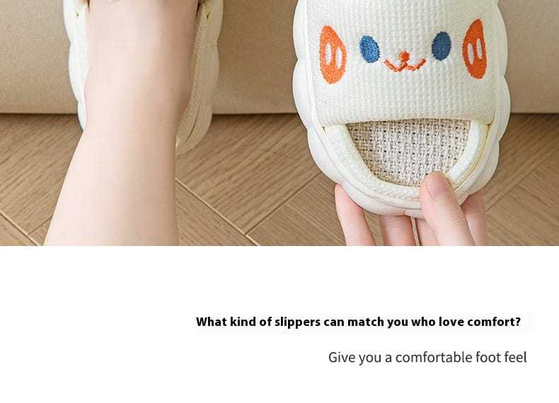 White knit open toe linen slipper with orange and blue embroidered cat face design from cartoon animal embroidered slippers collection.