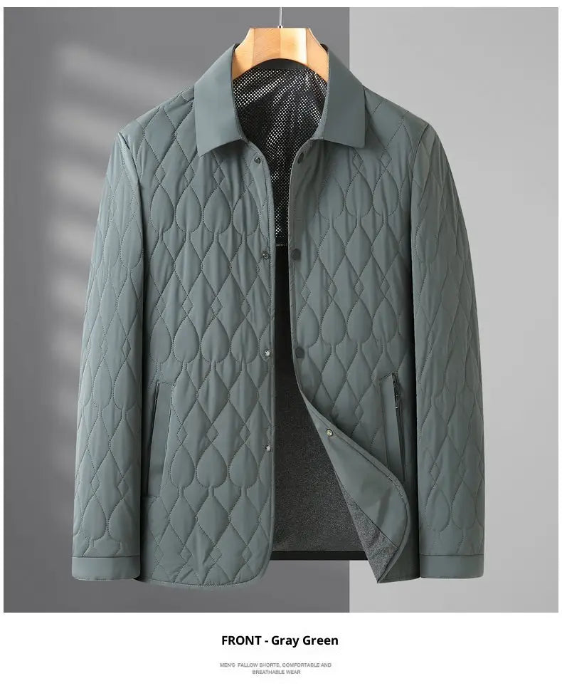 Grau-grüne Herren-Leicht-Businessjacke mit Diamantmuster und Knopfverschluss.