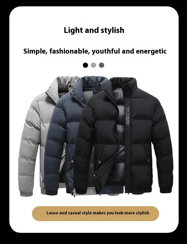 Men’s warm padded down jacket gray featuring a black puffer design with a high collar and front zipper in a loose casual style.