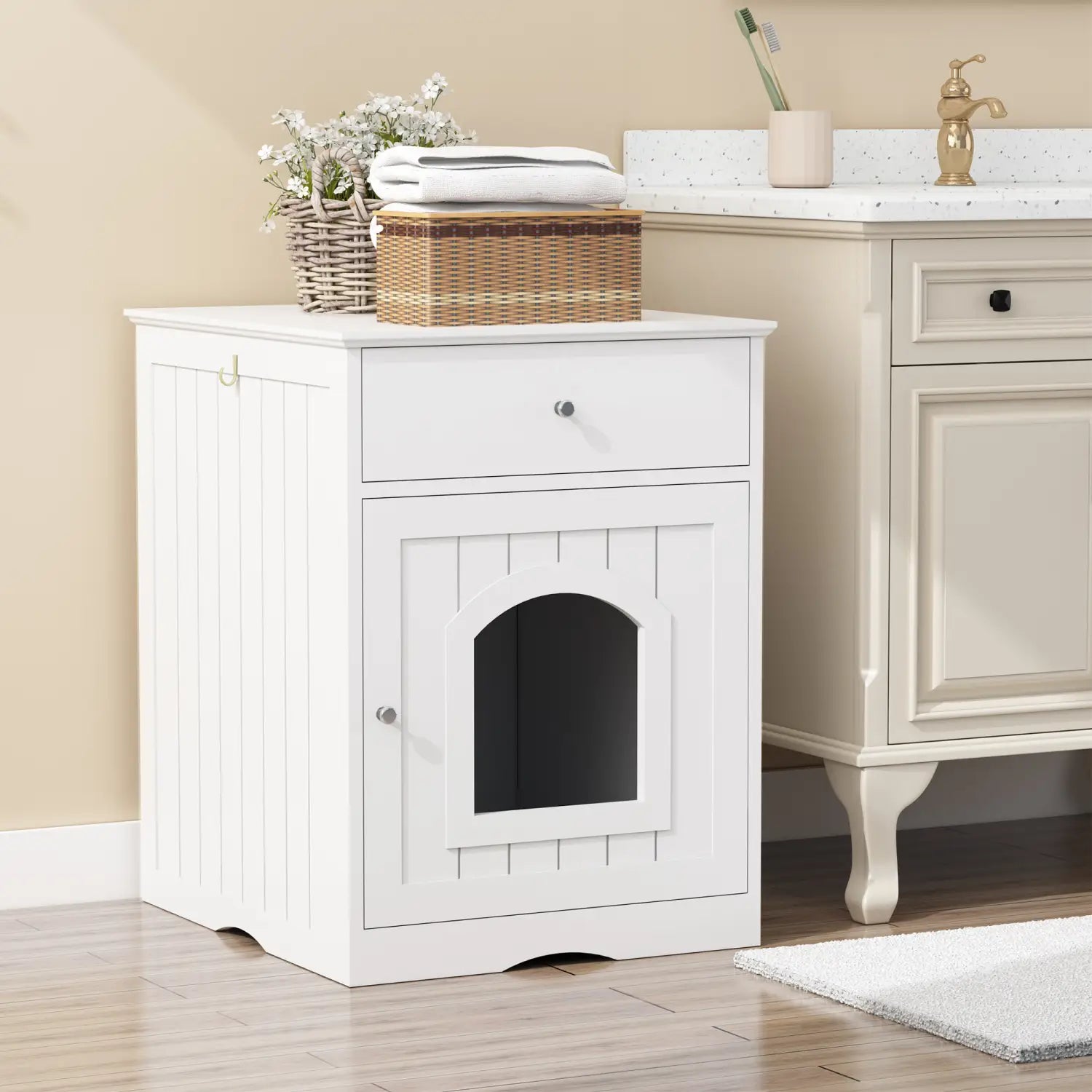 White wooden cat litter box enclosure with drawer and arched entrance door made of wood for discreet pet waste management.