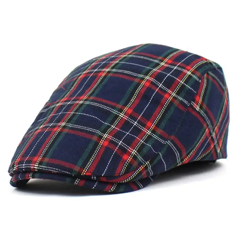 Plaid painter hat navy blue flat cap featuring a navy blue plaid pattern with red green and white intersecting stripes.
