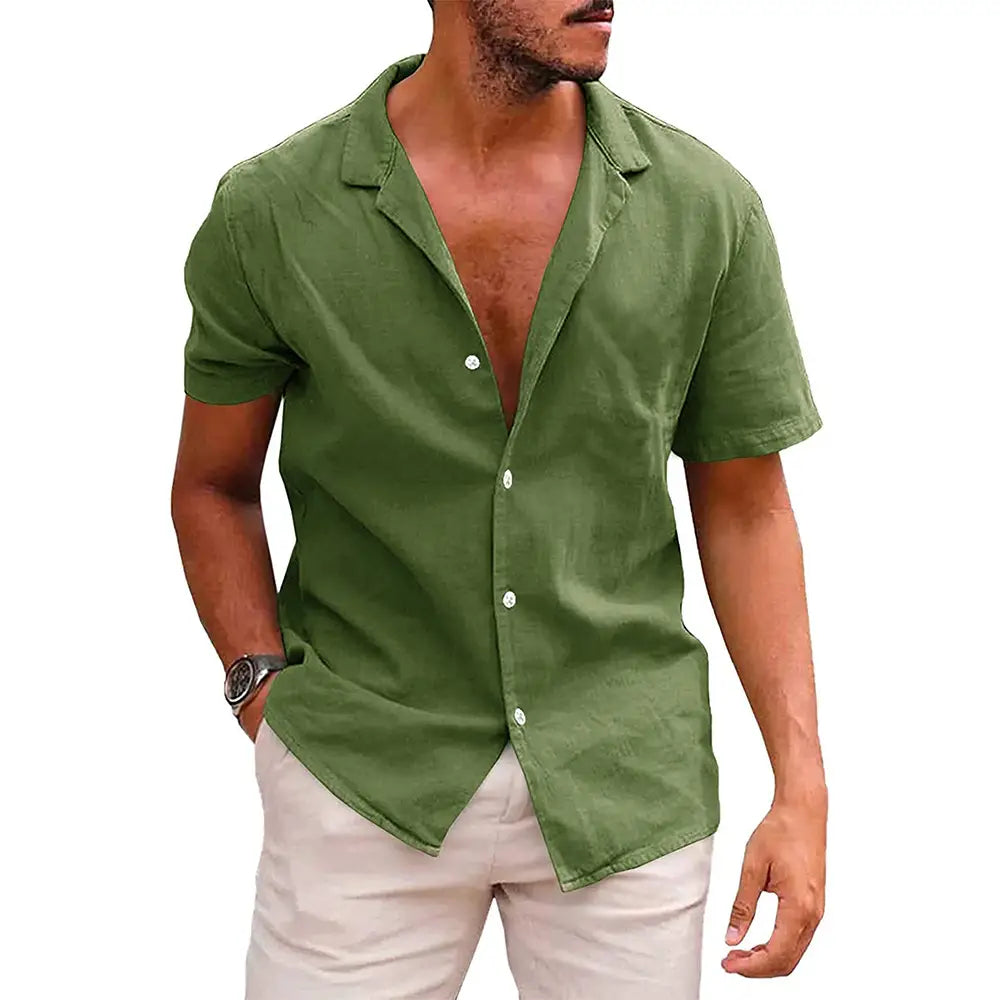 Men’s casual olive green short sleeve button down shirt with textured fabric, collar, and white buttons.
