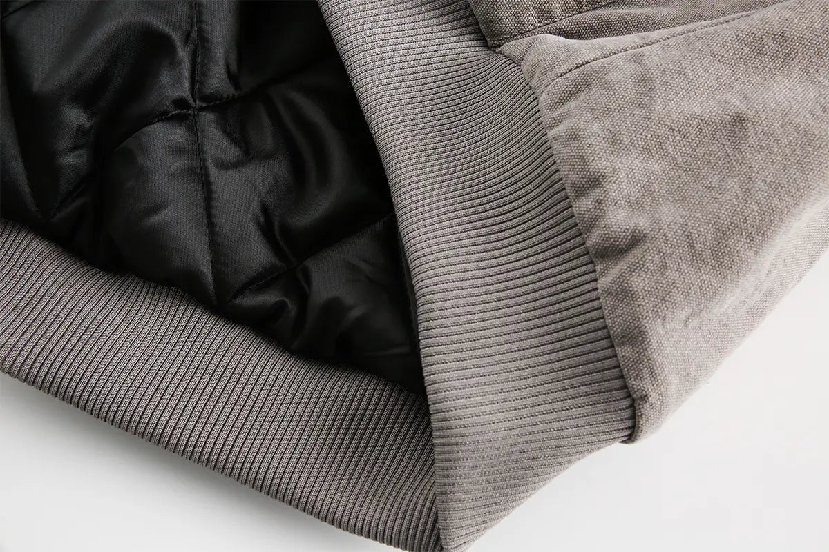 Abrigo acolchado de invierno de algodón con forro de piel sintética de pana gris para hombre y mujer, con forro acolchado negro.