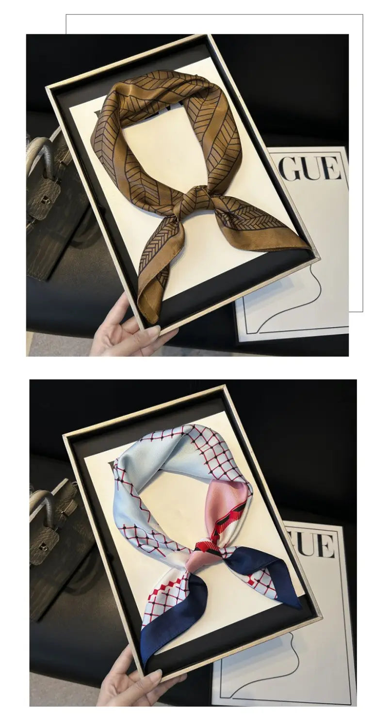 a brown and beige geometric-patterned twill silk look square scarf displayed in a framed presentation box