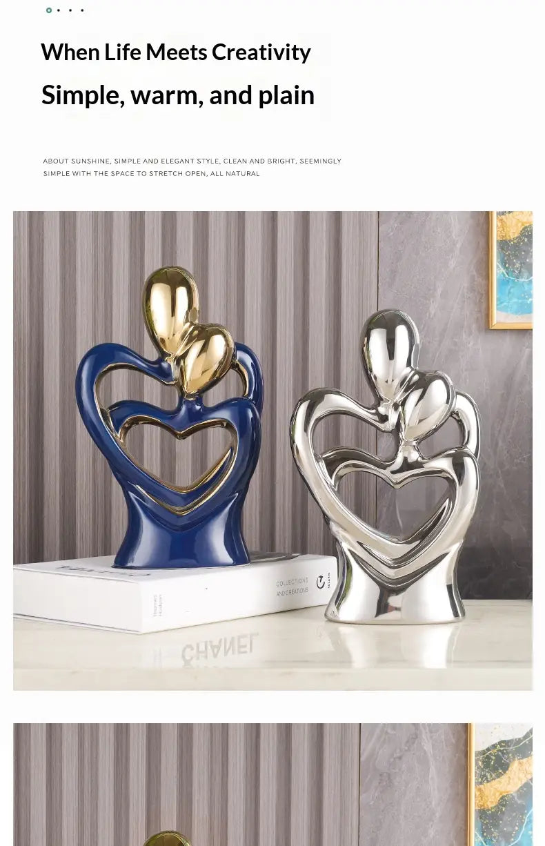 blue and gold ceramic figurine depicting two abstract figures embracing in a heart-shaped design for modern home decor