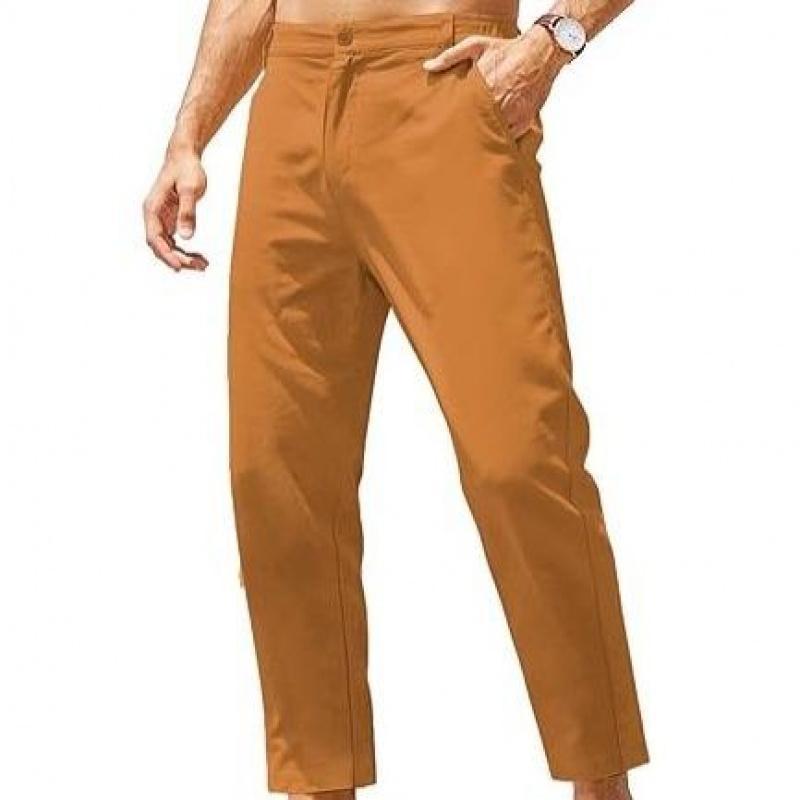 Herren-Cotton-Linen-Freizeit-Hosen in Beige mit geradem Beinverlauf und Knopfverschluss, mit hohem Stretchanteil für hohen Komfort.