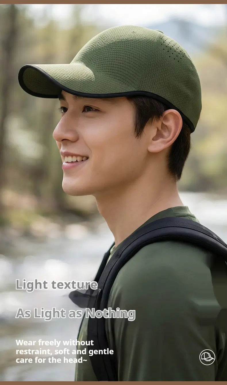Olive green breathable mesh baseball cap with black trim for men made of lightweight mesh material.