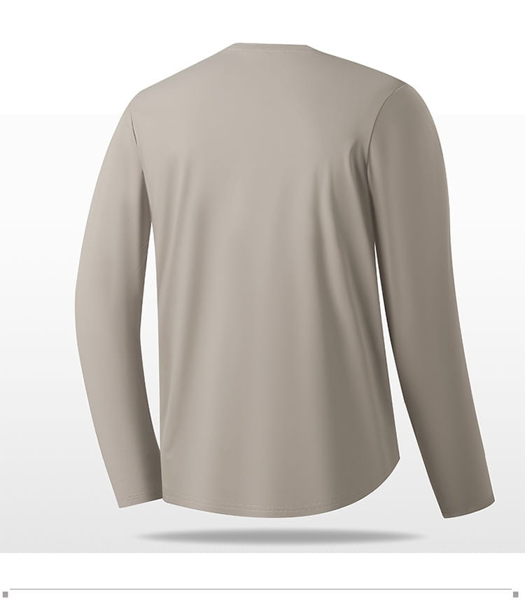 Camiseta de manga larga y cuello redondo tipo crew sólida en color beige, con un diseño simple y minimalista y una tela cómoda.