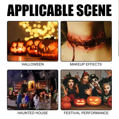Coffret de maquillage SFX comprenant des cicatrices et des plaies d’Halloween réalistes avec une couleur rouge évoquant le sang, pour un usage en costume et pour les fêtes.