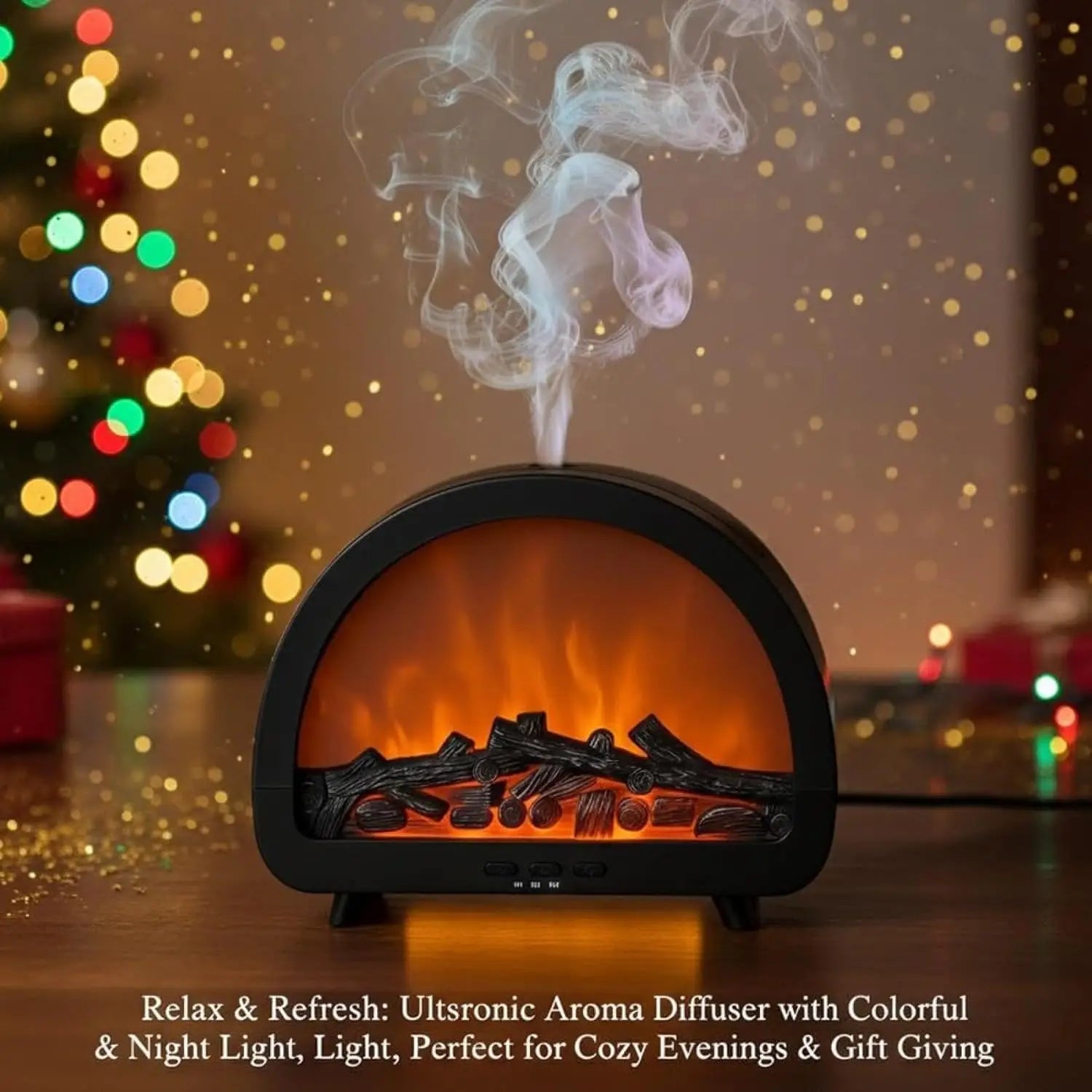 Black electric fireplace aroma diffuser with glowing orange flame effect and faux logs emitting gentle mist featuring multi color LED mist for humidifying and ambiance.