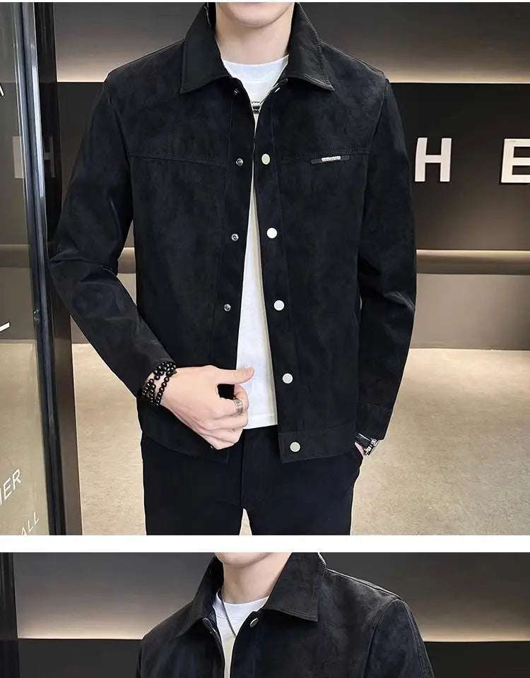 Men suede lapel spring jacket in black suede with classic collar and button closures.