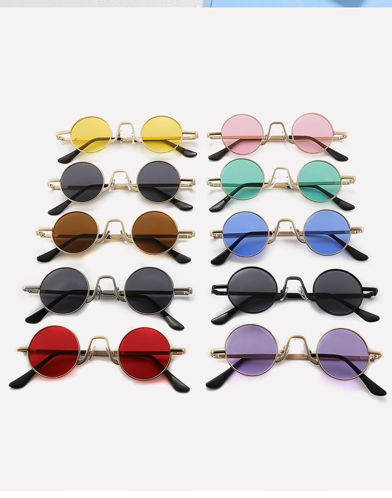 Set of colorful retro round hip hop sunglasses with mirrored lenses, metallic frames, and black temple tips.