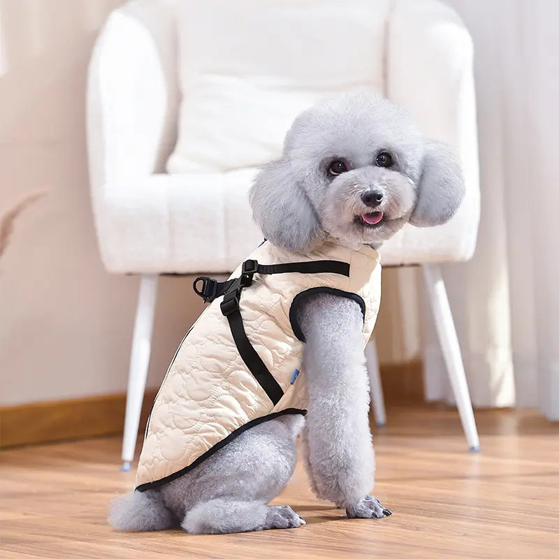 Cream-colored quilted dog vest with black trim and adjustable straps designed as a windproof warm pet coat.