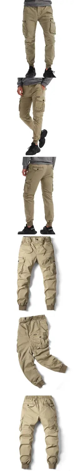 Men’s slim fit khaki cotton cargo work pants with multiple pockets and elastic cuffs.