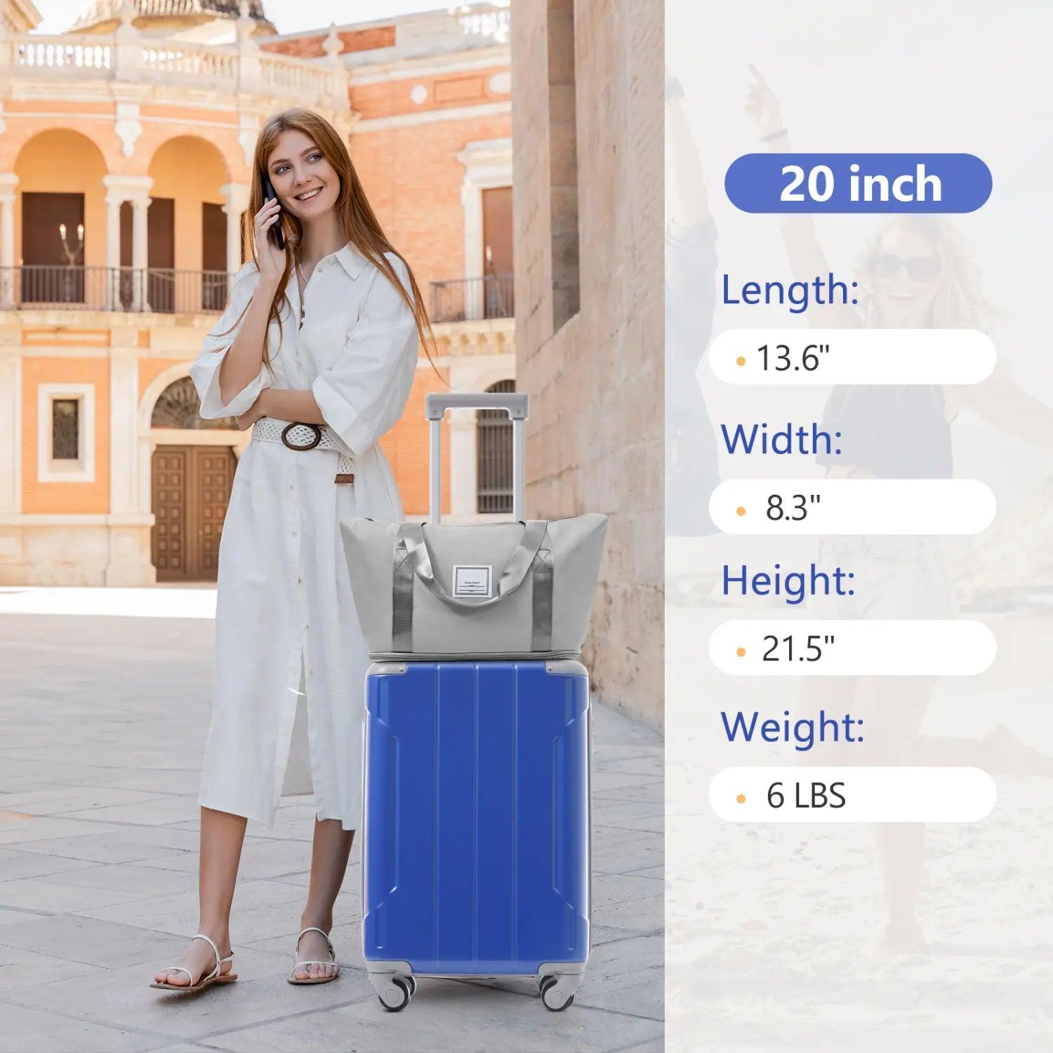 Blue hard-shell 20-inch rolling suitcase with silver telescoping handle and four wheels from the 3 piece dazzling blue hardshell carry on luggage set.