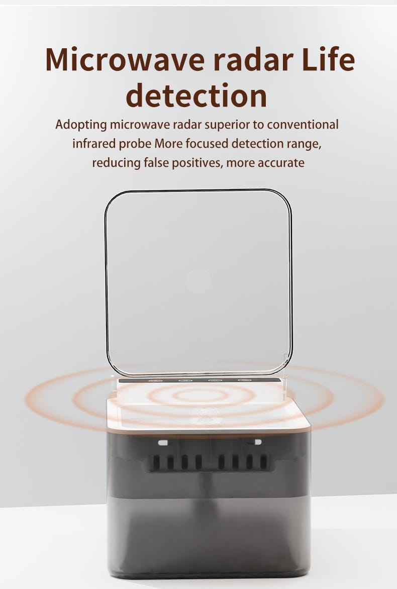 Schwarz-weißes Mikrowellen-Radar-Lebensdetektionsgerät mit transparentem Deckel und kreisförmigem Wellenmuster um die Basis, dargestellt im Produkt „Kabellose Katzen-Wasserfontäne 3 l aus Edelstahl“.