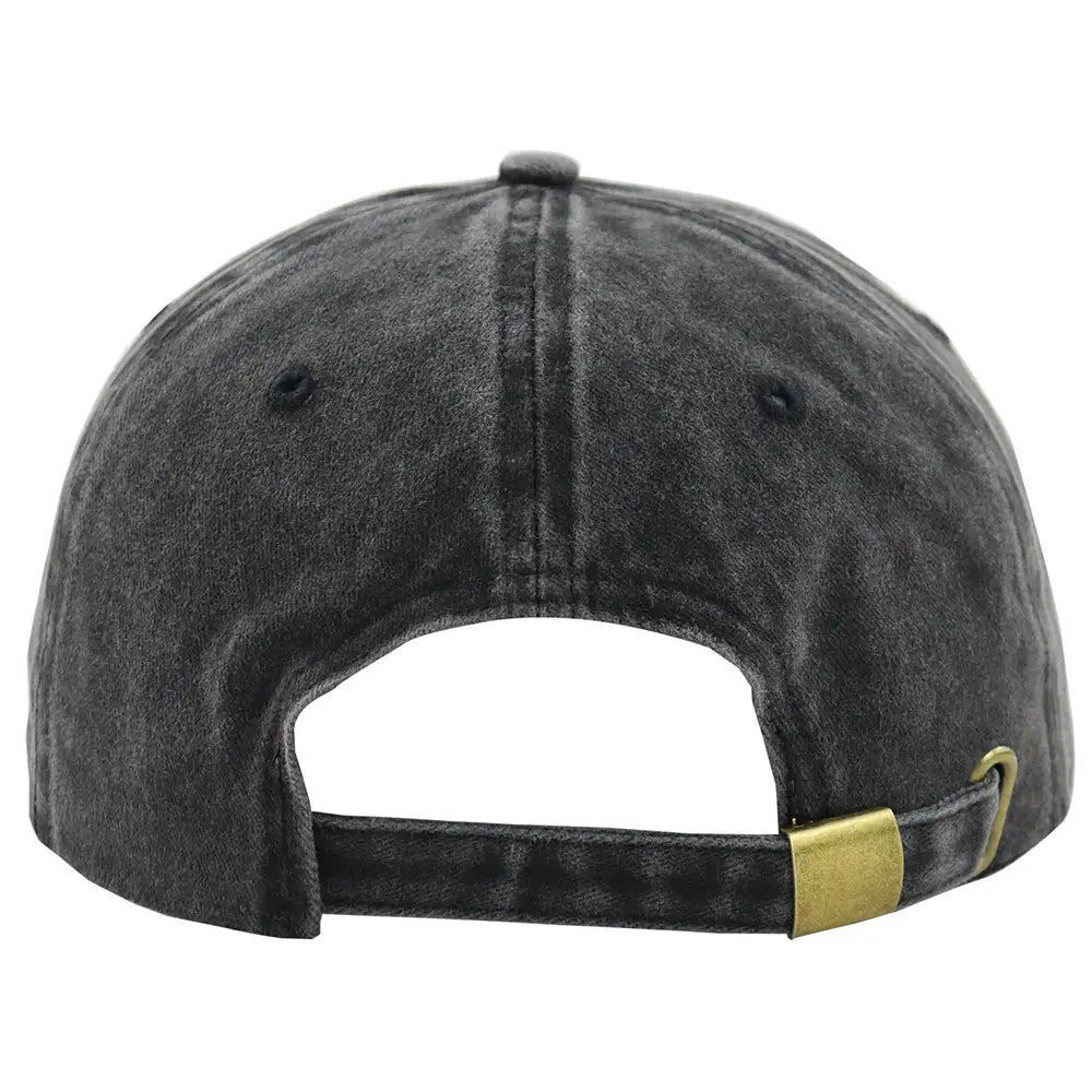 A dark gray distressed denim baseball cap featuring an embroidered Vietnam veteran design and a gold-tone metal adjustment buckle on the back side.