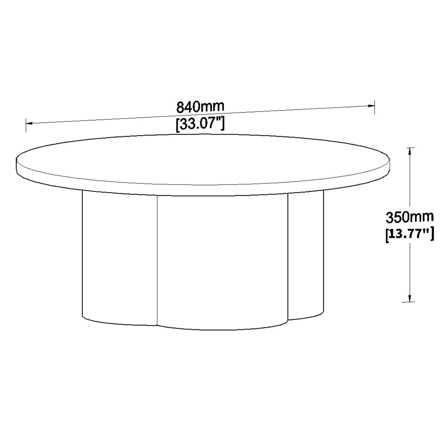 Mesa de centro redonda de madera oscura con un diseño minimalista, que incluye cuatro patas cilíndricas y unas dimensiones de 840 mm de diámetro y 350 mm de altura.