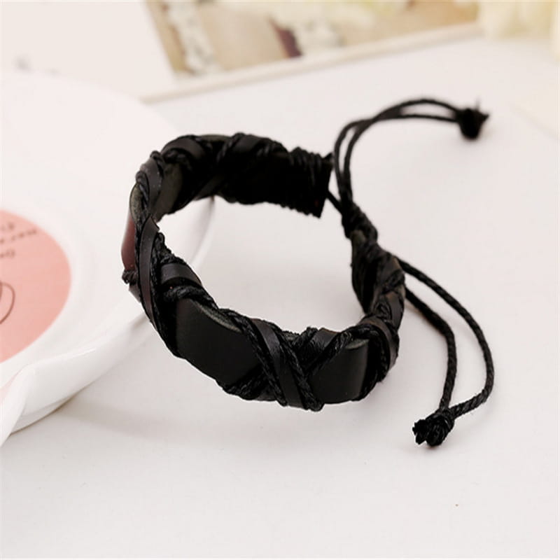 Black braided leather nordic bracelet with adjustable cord ties from the Asgard braided leather bracelet set.