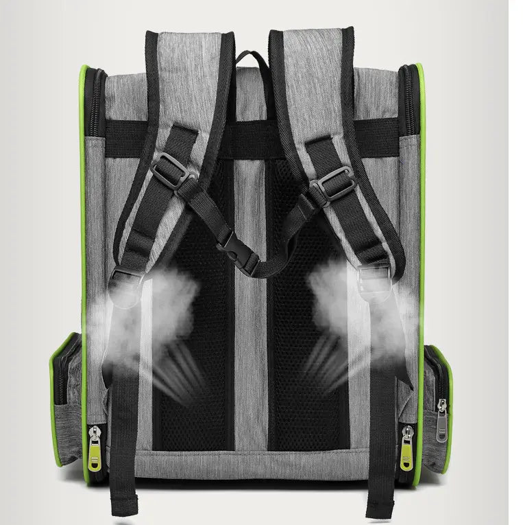 Breathable mesh pet carrier backpack in gray and neon green with black mesh panels and adjustable straps shown from the back side.