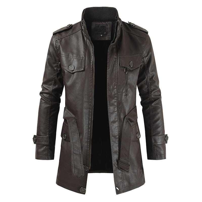 men’s dark brown faux leather stand collar trench coat featuring buttoned flap pockets and a ribbed collar
