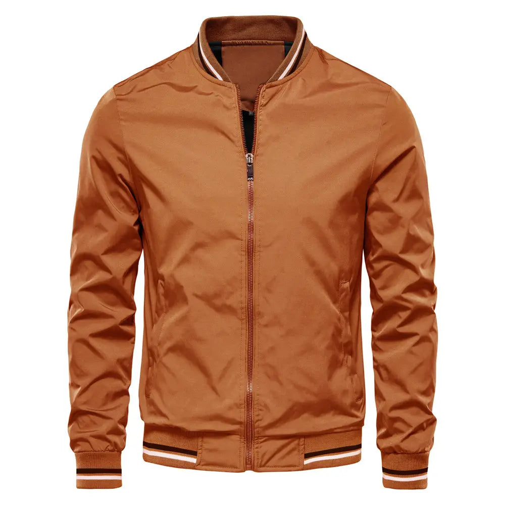 Men’s tan bomber jacket casual zip outerwear with ribbed cuffs and collar accented by white and black striped trim.