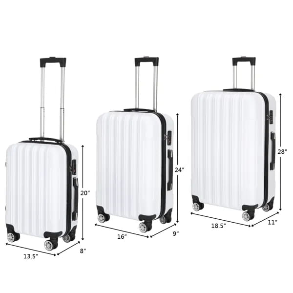 Set of three white hard shell spinner suitcases with black trim and wheels in a 3 piece suitcase set.