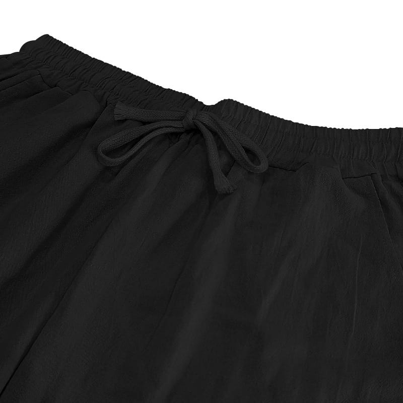 Schwarze Leinenhosen mit Kordelzug, elastischem Bund und weich fließendem Stoff aus dem Set mit Herren-Leinenhemd und -Hose