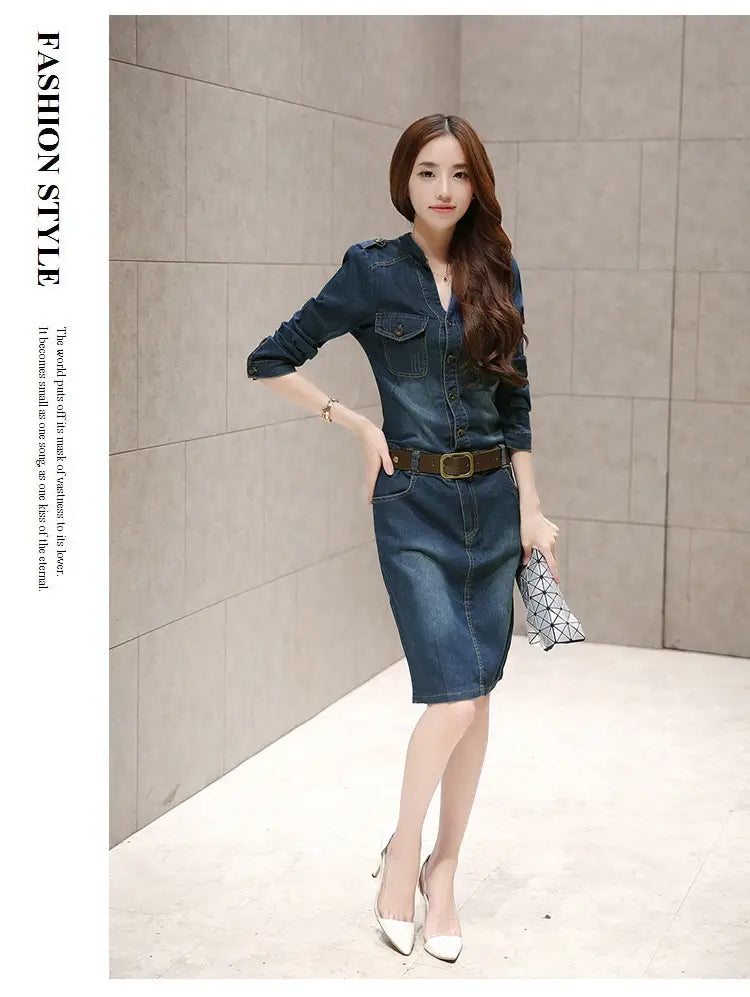 Elegant high waist button down denim midi dress in navy blue featuring a button-up front chest pockets and a fitted silhouette.