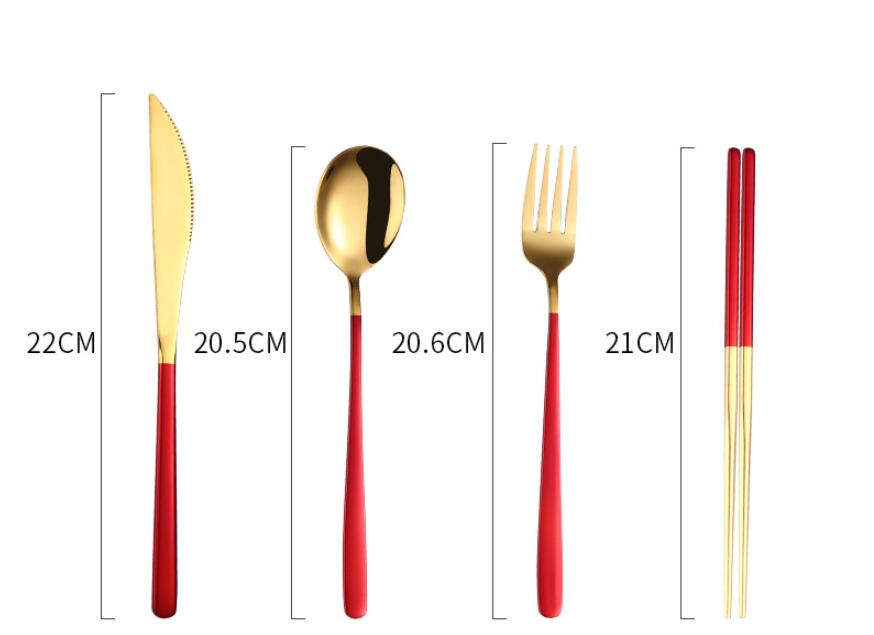 stainless steel portable cutlery set with gold-finished utensils, vibrant red handles, and matching chopsticks designed for modern dining aesthetics.