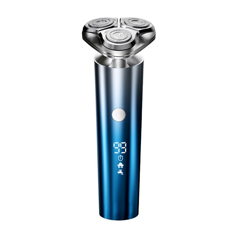 Rasoir électrique pour homme à triple tête, rasoir portable bleu métallique, avec trois lames circulaires argentées et un écran numérique sur la poignée.