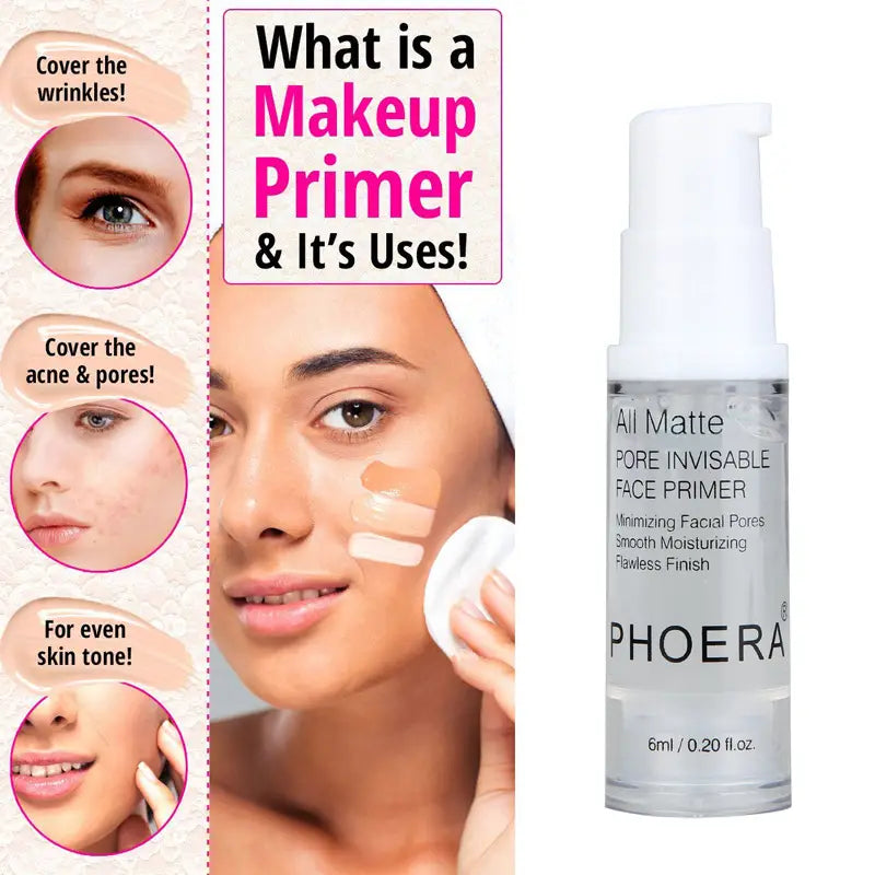 Clear glass bottle with white pump dispenser containing transparent matte face primer labeled phoera all matte pore invisible face primer for a smooth, pore-minimizing finish in 6ml size.