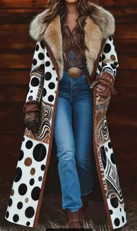 Damen-Retro-Langmantel mit einem langen weißen Stoff mit schwarzen und braunen Punkten, einem tanfarbenen Pelzkragen sowie kunstvollen Paisley-Mustern entlang der Seiten.