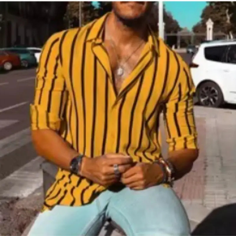 Yellow and black vertically striped casual long sleeve button-down shirt for men with rolled-up sleeves.