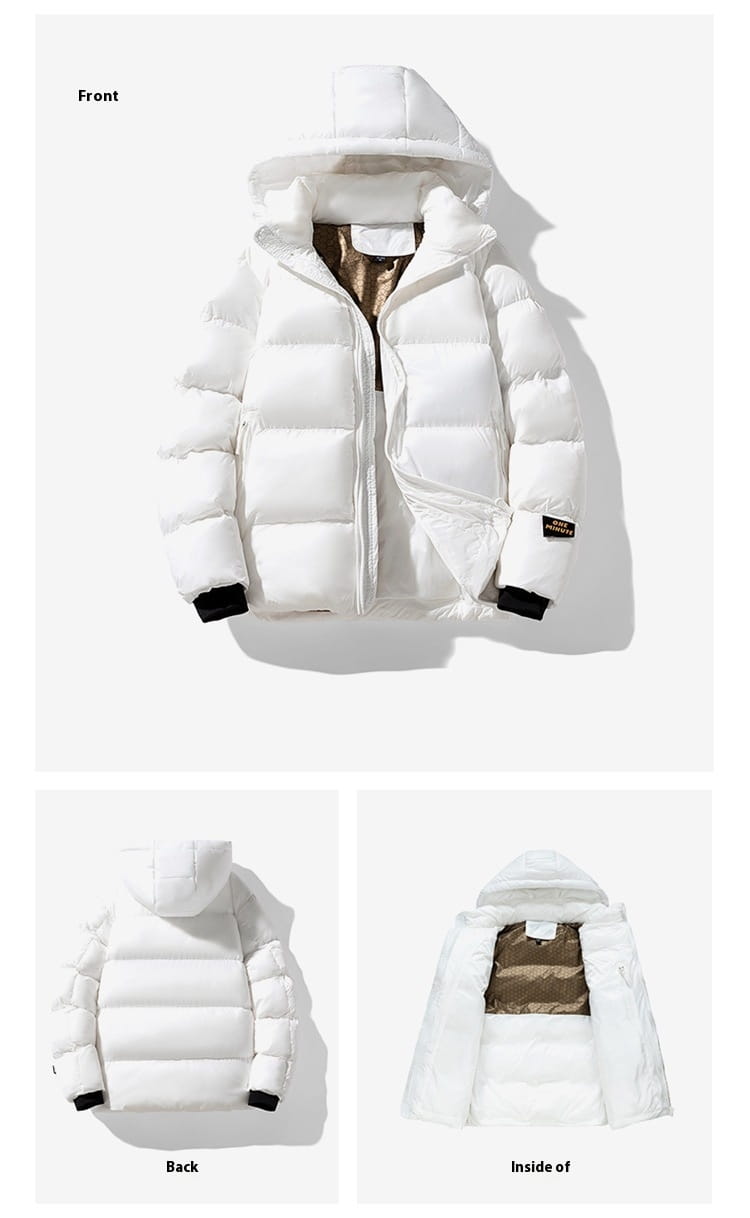 Men’s hooded corduroy puffer jacket plus size in white with quilted design and black ribbed cuffs.