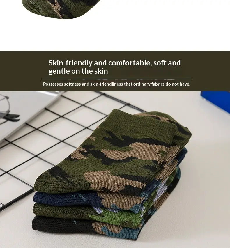 stack of camouflage military training socks for men in olive green black and tan tones designed for durability and comfort during rigorous activities